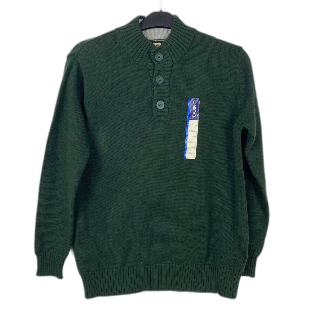 NWT‎ Cherokee Juniors L(12/14) Sweater Mock Neck Thick 1/4 Button Green Cotton